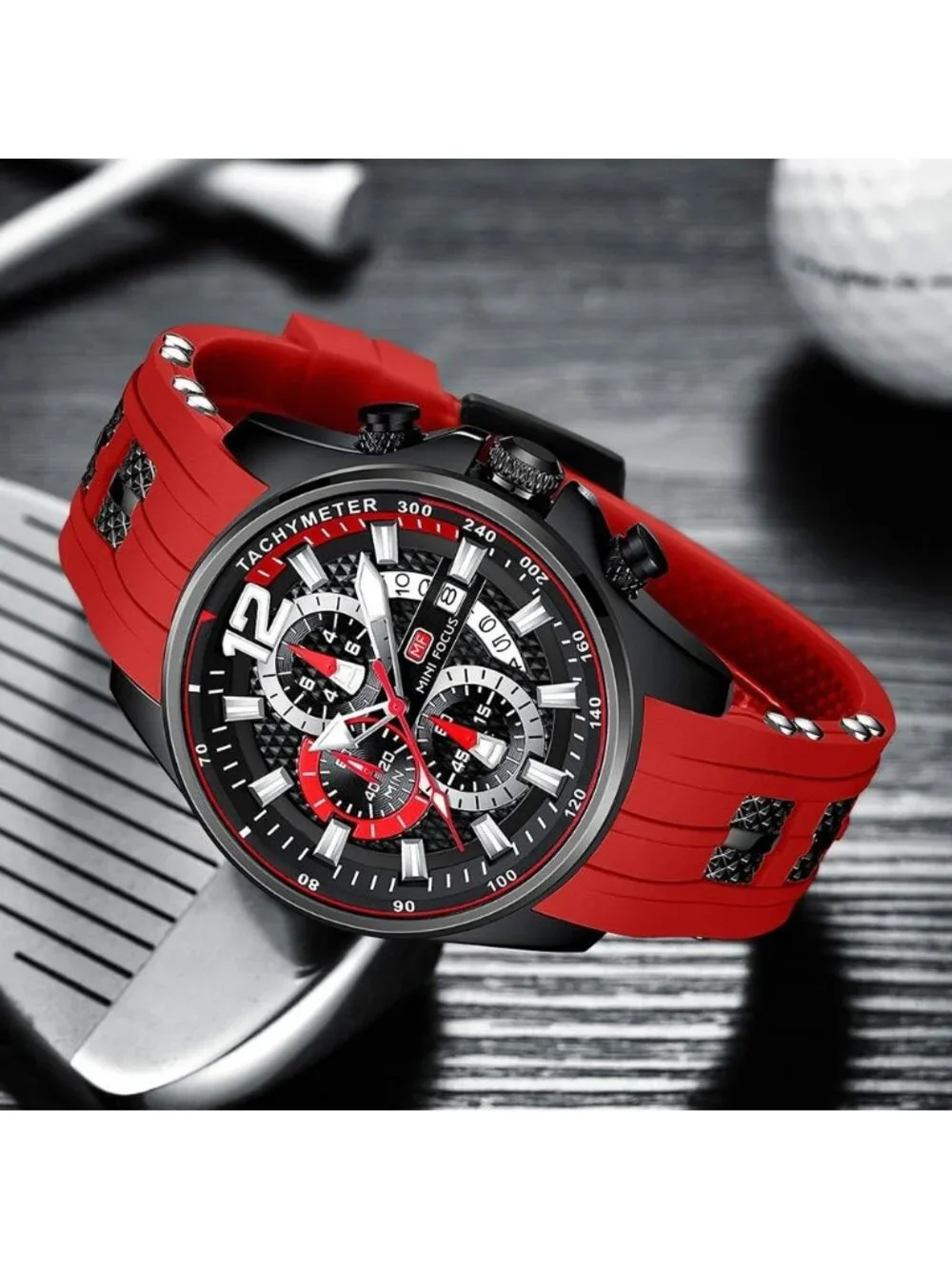 Men's Red Black Chronograph Waterproof Sport Military Analog Quartz Wrist Watch